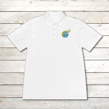 Men’s Sport-Tek polo shirt with Anakainoo International logo, moisture-wicking polyester with globe and butterfly design symbolizing spiritual renewal and transformation through intimacy with God, white polo shirt
